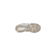 New Balance women silver sneakers fabric size 3 with silver and white Asics Gel-Nimbus 23 running shoe textured sole