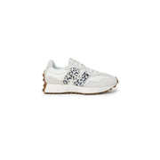 White new balance women sneaker with black gray leopard print polyester panel and gum rubber sole lace up shoe