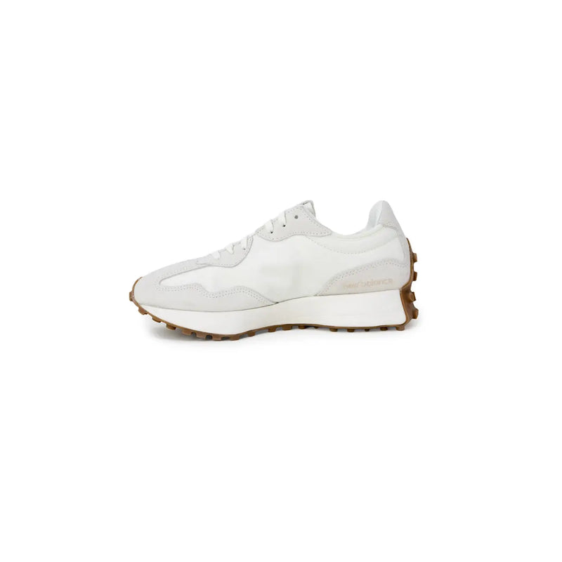 New balance women sneakers beige polyester lace up shoes with white suede and mesh upper and tan rubber sole