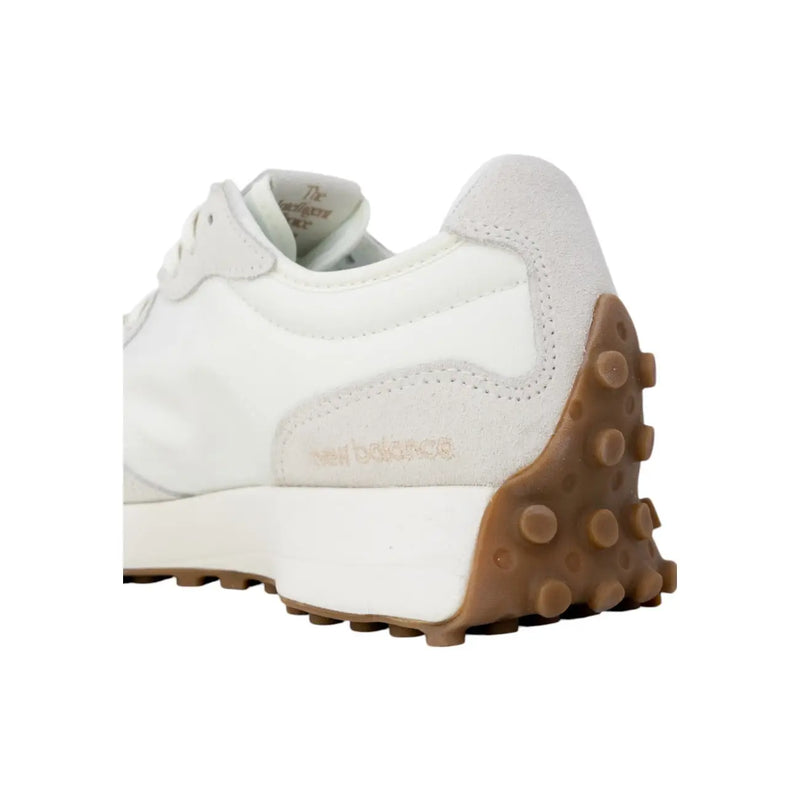 New balance women sneakers beige lace up shoes with white suede and canvas upper and tan rubber outsole