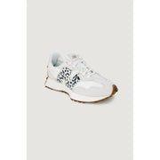 New Balance women sneakers white 327 with leopard print polyester panel and tan rubber sole lace up shoes
