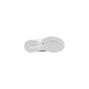 New balance women sneakers white synthetic lace up showing white rubber sole with textured geometric tread pattern and branding