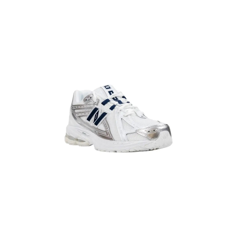 New Balance women sneakers white synthetic lace up with silver and navy blue accents for casual wear