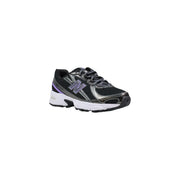 New Balance women synthetic running shoe in black and silver with a purple accent stripe for active use