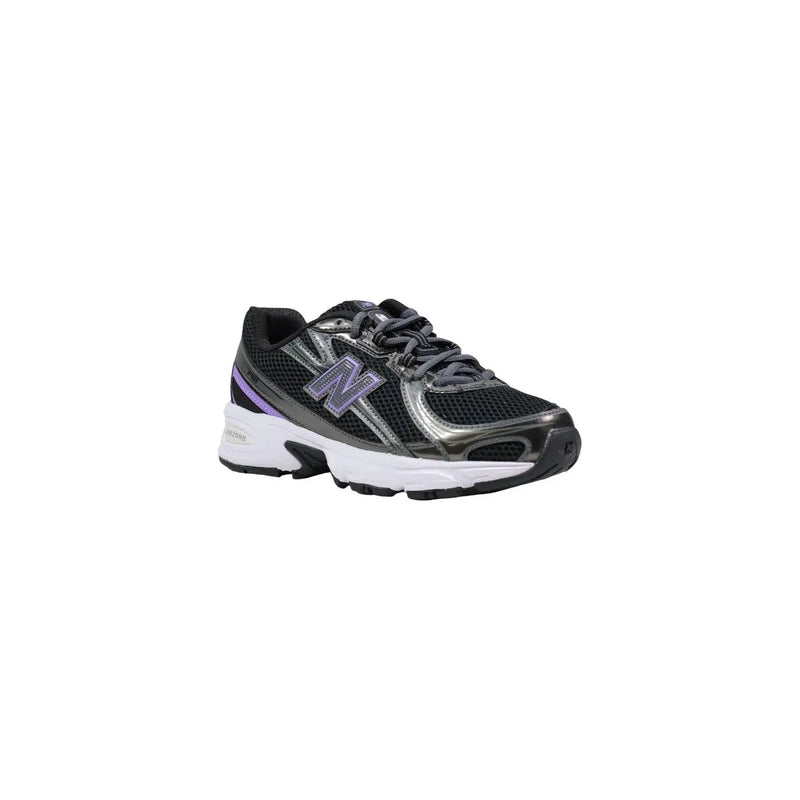 New Balance women synthetic running shoe in black and silver with a purple accent stripe for active use