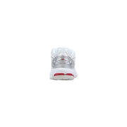 New Balance women white synthetic sneakers with silver accents and a red air unit in the heel for running