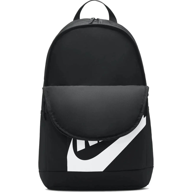 Nike Schwarzer Herrenrucksack mit markantem weißen Swoosh-Logo, Vorderansicht