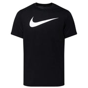 Nike black short sleeve t shirt made of soft fabric with a bold white swoosh logo across the chest