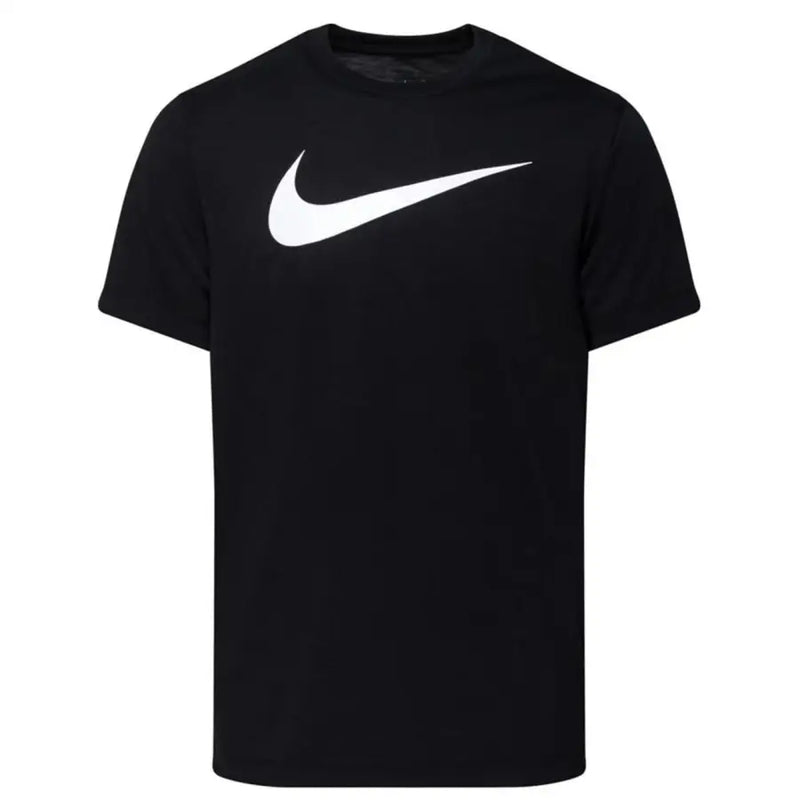 Nike black short sleeve t shirt made of soft fabric with a bold white swoosh logo across the chest