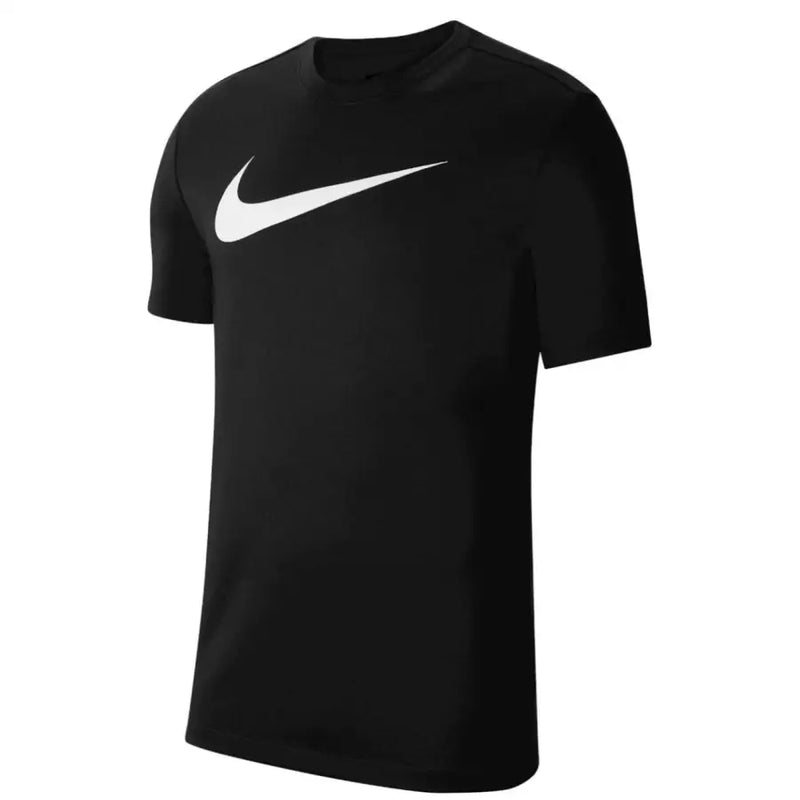 Nike black short sleeve t shirt featuring a white swoosh logo on the chest in comfortable cotton material