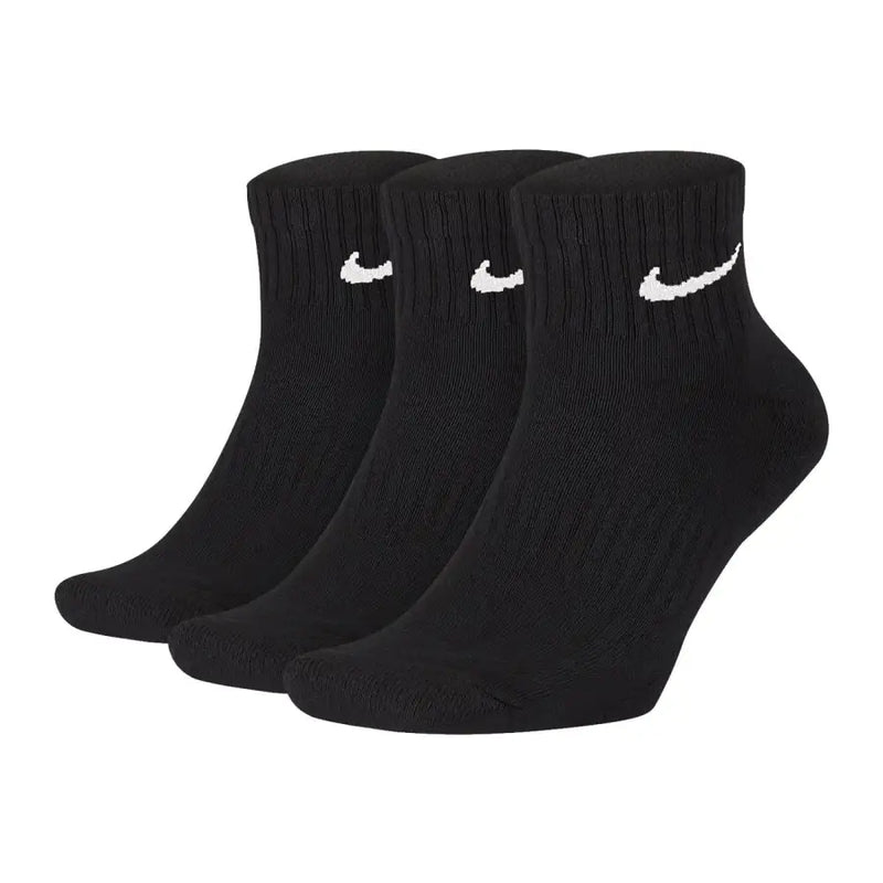 Three-pack of black Nike ankle socks displayed with Nike Men All Season White Underwear
