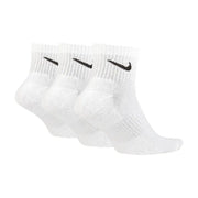 Three pairs of white Nike ankle socks displayed with Nike Men All Season White Underwear
