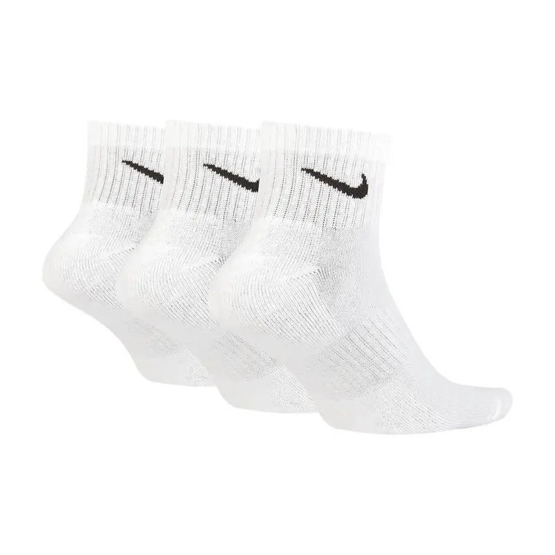 White nike dri-fit ankle socks with black swoosh logos featured in nike men all season white underwear collection