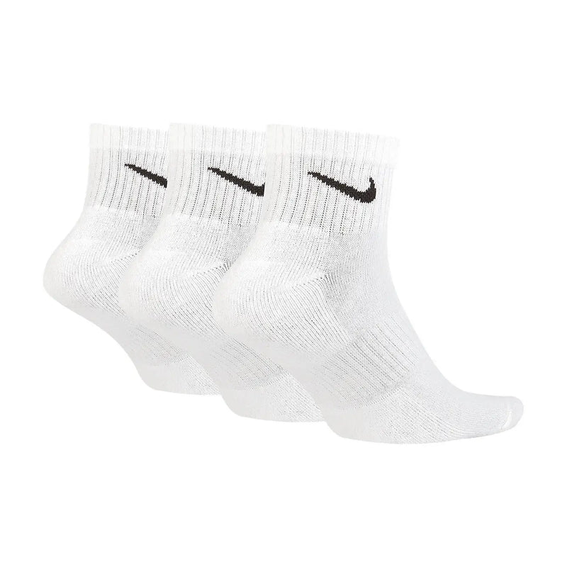 White nike dri-fit ankle socks with black swoosh logos featured in nike men all season white underwear collection