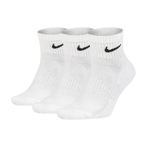 White nike men all season athletic socks with black swoosh logos designed for versatile performance use