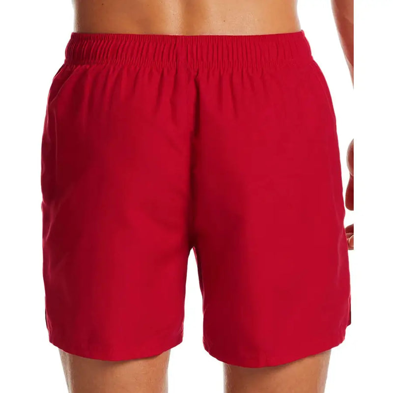 Red elastic-waist Nike men’s swim shorts with front pockets and plain design
