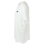 Nike white short sleeve t shirt featuring a black logo on the left chest made from breathable cotton material