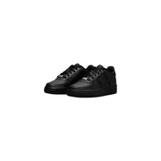 Nike women black leather Air Force 1 sneakers with sleek all-black leather upper and subtle metallic lace accents