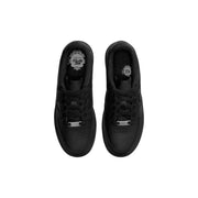 Nike women black leather air force 1 sneakers with sleek leather upper and metallic silver heel tab shown from back side