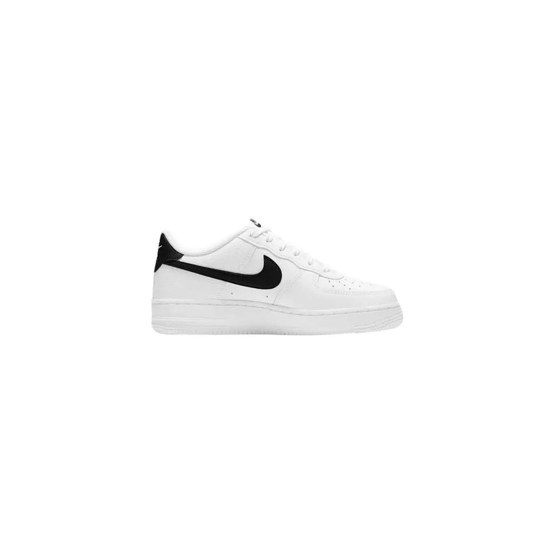 White nike women leather air force 1 low sneaker with black swoosh and heel tab viewed from the back side