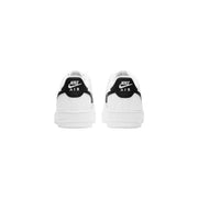 White nike women leather air force 1 sneakers with black heel tabs and swooshes shown from the back side