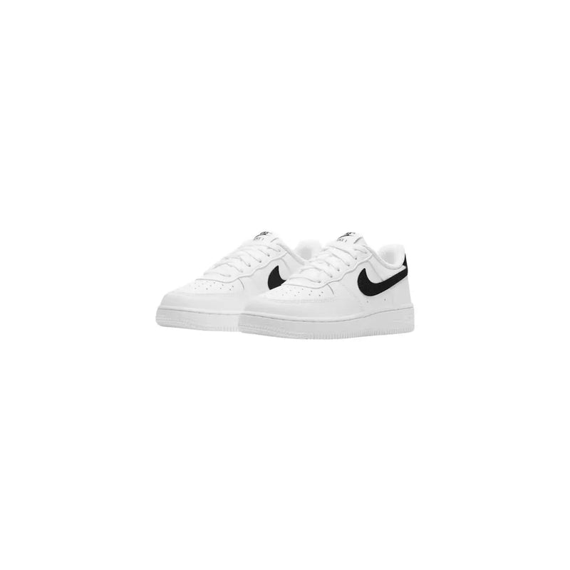 Nike women leather sneakers white Air Force 1 low with black swooshes and perforated leather uppers