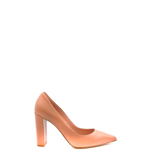 A sleek peach-colored leather block heel pump from Ninalilou women pink leather block heel pumps shoes collection