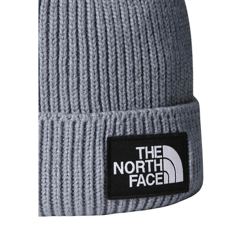 The North Face Beanie mit TNF-Logo-Box für Herren aus grauem Rippstrick mit schwarzem, gesticktem Logo-Patch, Vorderansicht