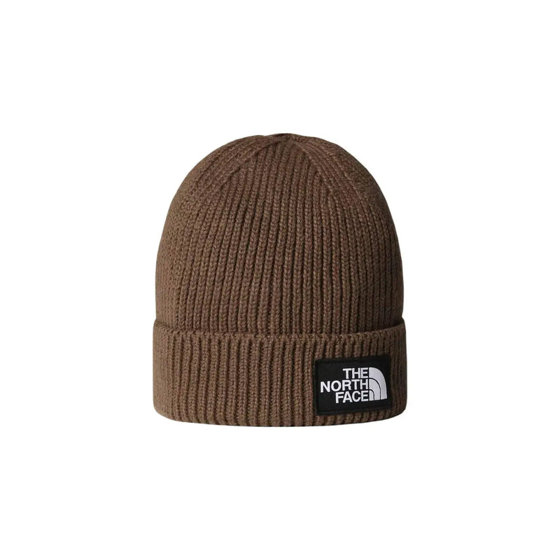 The North Face Beanie TNF LOGO BOX für Herren aus braunem Rippstrick mit schwarzem Logo-Patch, Vorderansicht