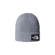 The North Face Beanie TNF LOGO BOX für Herren aus grauem Rippstrick mit schwarzem Logo-Patch am umgeschlagenen Bündchen (Vorderansicht)