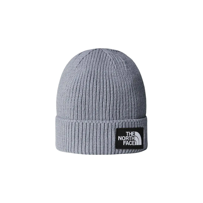 The North Face Beanie TNF LOGO BOX für Herren aus grauem Rippstrick mit schwarzem Logo-Patch am umgeschlagenen Bündchen (Vorderansicht)