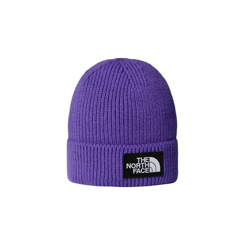 The North Face Beanie TNF LOGO BOX für Damen und Herren, lila gerippt, mit schwarzem Logo-Patch, Vorderansicht