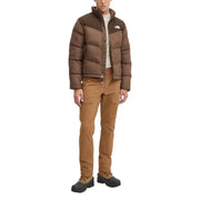 Brown down jacket with hood and zipper, made of synthetic material.