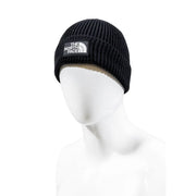Schwarze, gerippte Strickmütze von The North Face mit weißem, gesticktem Logo-Patch, Vorderansicht