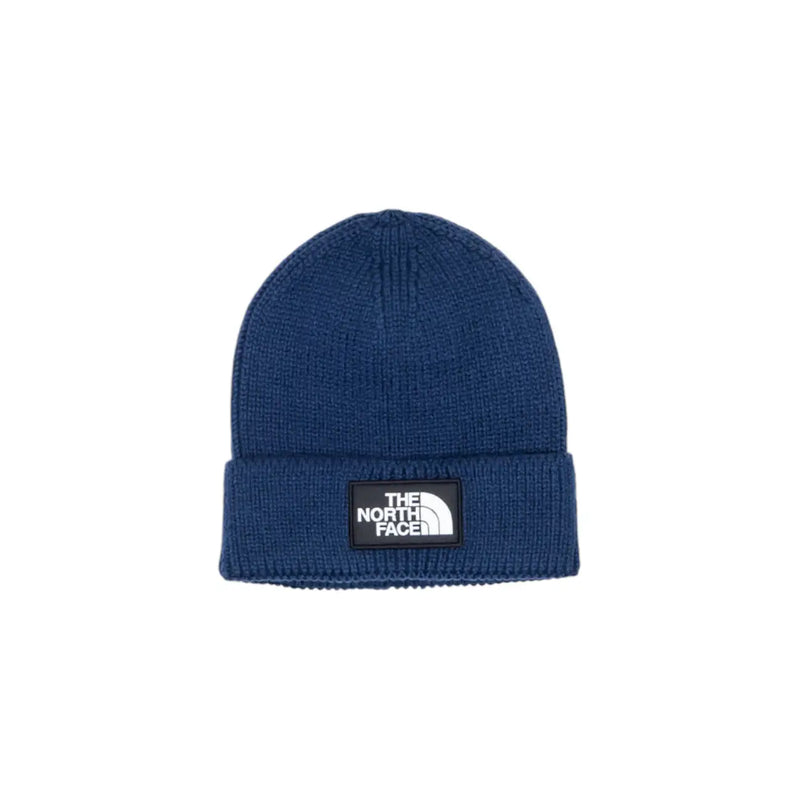The North Face Mütze, dunkelblaue Strickmütze für Herren mit schwarzem rechteckigem Logo-Patch, Vorderansicht