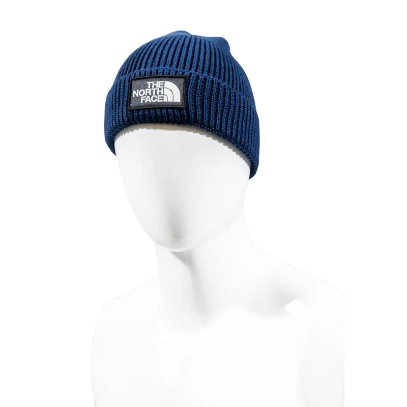 The North Face Herren-Strickmütze aus geripptem Strick in Marineblau mit schwarzem Logo-Patch, Vorderansicht