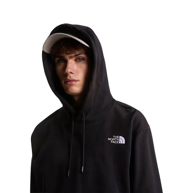 The North Face Herren-Hoodie aus schwarzem Baumwollfleece mit weißem Logo auf der Brust und passenden Kordelzügen
