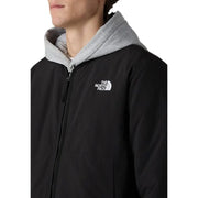 The North Face Herrenblazer, schwarze, lange Nylonjacke mit Reißverschluss, grauer Kapuze und weißem Logo auf der Vorderseite