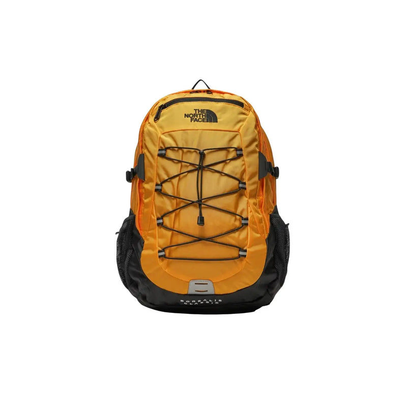The North Face Herren Borealis Classic Rucksack aus schwarzem Nylon, 29 l, mit orange-schwarzen Farben, seitlicher Netztasche und verstellbaren Trägern.