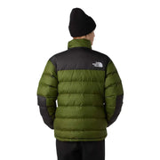 Green and black down jacket with the north face logo.