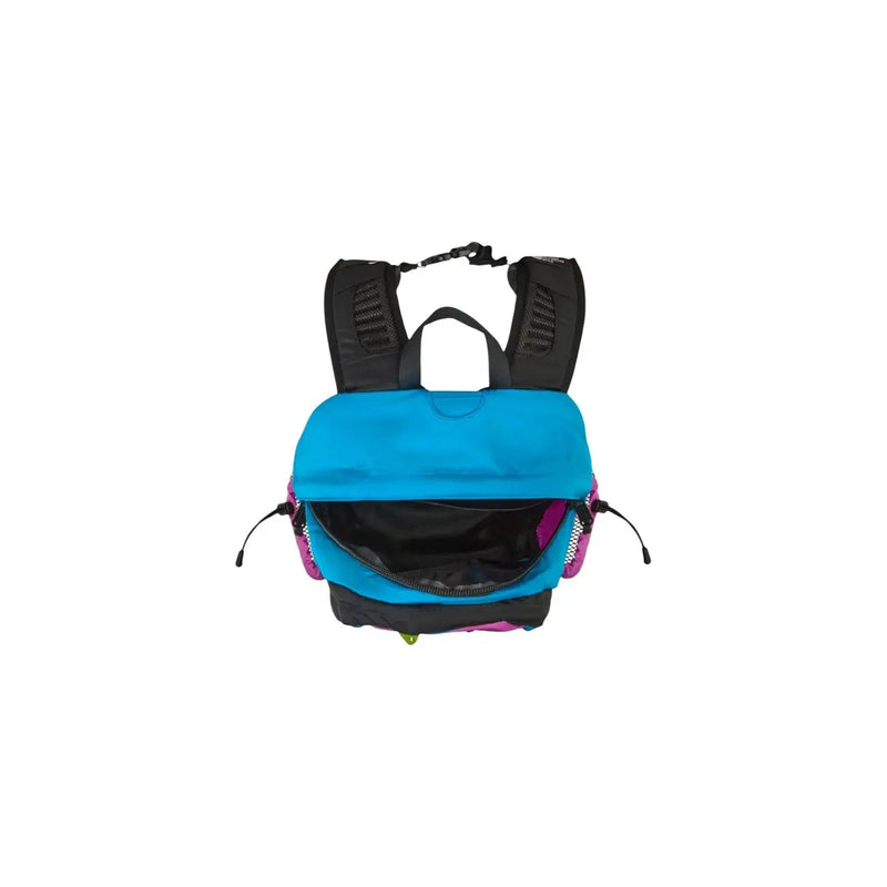The North Face Herren Hot Shot SE Rucksack aus lila Nylon mit leuchtenden türkisfarbenen und violetten Farben und schwarzen Schultergurten aus Mesh.