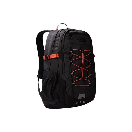 Schwarzer The North Face Portals Classic Rucksack mit orangefarbenen Akzenten an den Tragegurten, seitlicher Netztasche, grauem Nylon, 34 x 48 x 19 cm