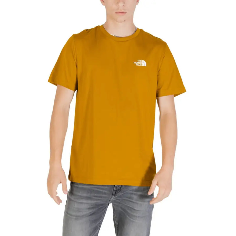 Senfgelbes The North Face Herren-T-Shirt „Simple Dome“ aus kamelfarbenem Baumwollmischgewebe mit kurzen Ärmeln und weißem, gesticktem Logo