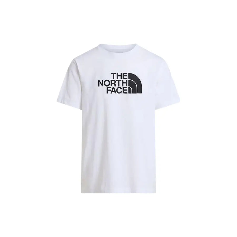 Weiße The North Face Herren t-shirt mit markantem schwarzem Logo auf der Brust, geeignet für Freizeitkleidung