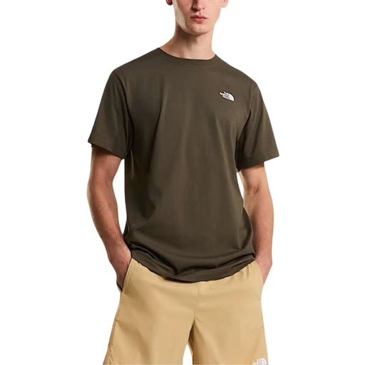 Olive green short-sleeved The North Face men t-shirt with a small white logo on the left chest for casual wear