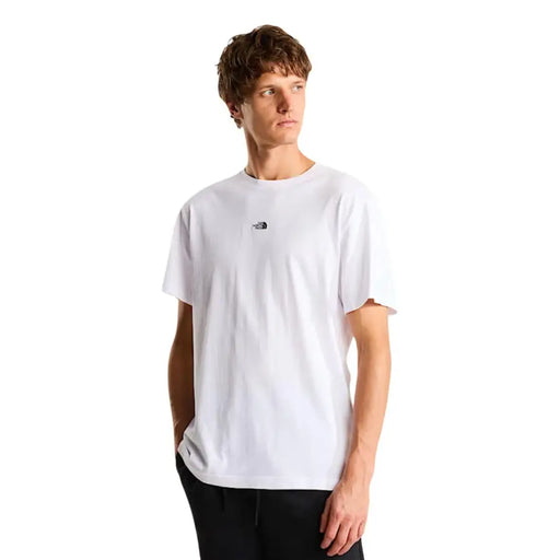 The north face men t shirt white cotton round neck short sleeve with a small black logo on the left chest