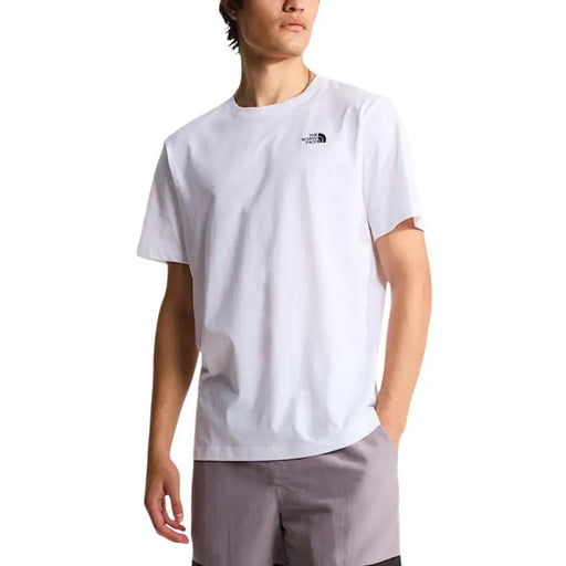White short-sleeved cotton t-shirt for men by The North Face with a small black logo on the left chest