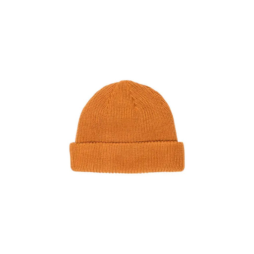 Mustard yellow ribbed beanie hat with folded brim, likely made of wool or acrylic.