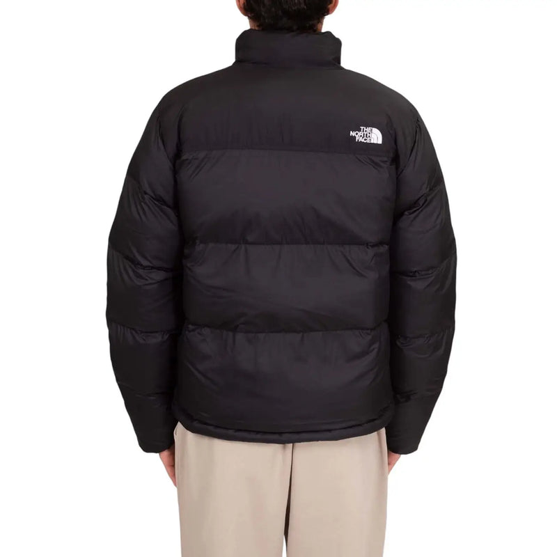 Schwarze Steppjacke von The North Face für Herren mit horizontalen Nähten und weißem Logo, Rückansicht