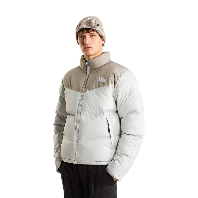 The North Face Steppjacke Saikuru für Herren in zweifarbigem Grau und Beige mit Steppeinsätzen, Vorderansicht